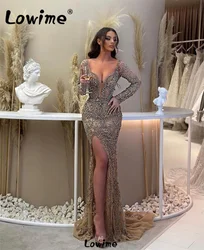 Exquisite Beaded Crystals Evening Dresses For Women Sexy Split Side Mermaid Off The Shoulder Long Sleeves Party Prom Gowns 2024