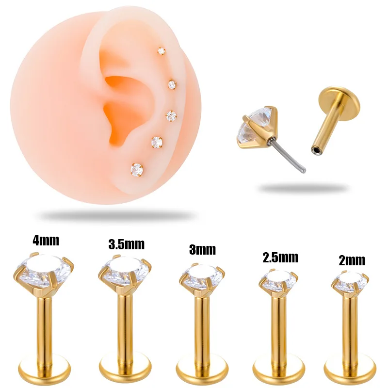 

10Pc Stainless Steel Piercing Labret Stud 4 Claw Round CZ Insert Push-Pin Lip Ear Lobe Stud Helix Conch Body Jewelry Wholesale