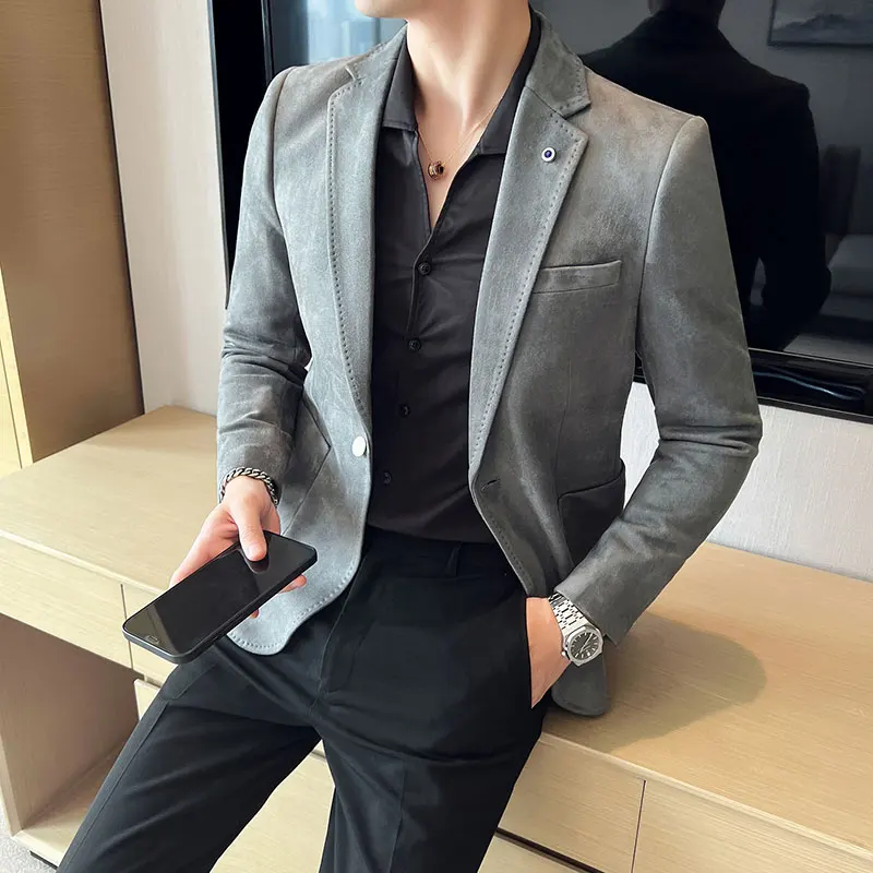 2023 Fashion New Men\'s Leisure Deerskin Casual Boutique Business Slim Solid Color Single Button Suit Blazers Jacket Coat