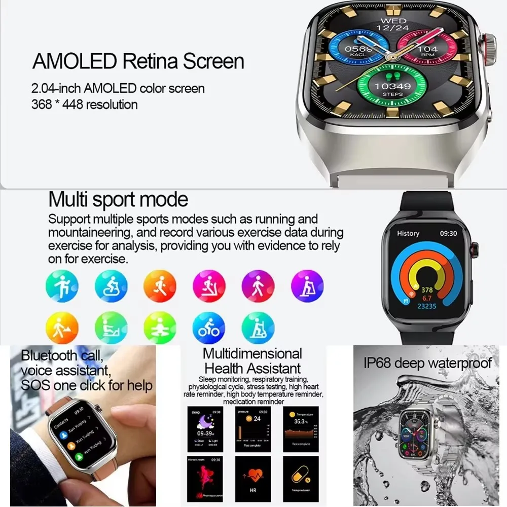 Новые 2,04-дюймовые AMOLED Bluetooth-вызовы Новые умные часы для здоровья Мужские часы ЭКГ Часы с мочевой кислотой и липидом в крови Наручные часы SOS Sports Sm