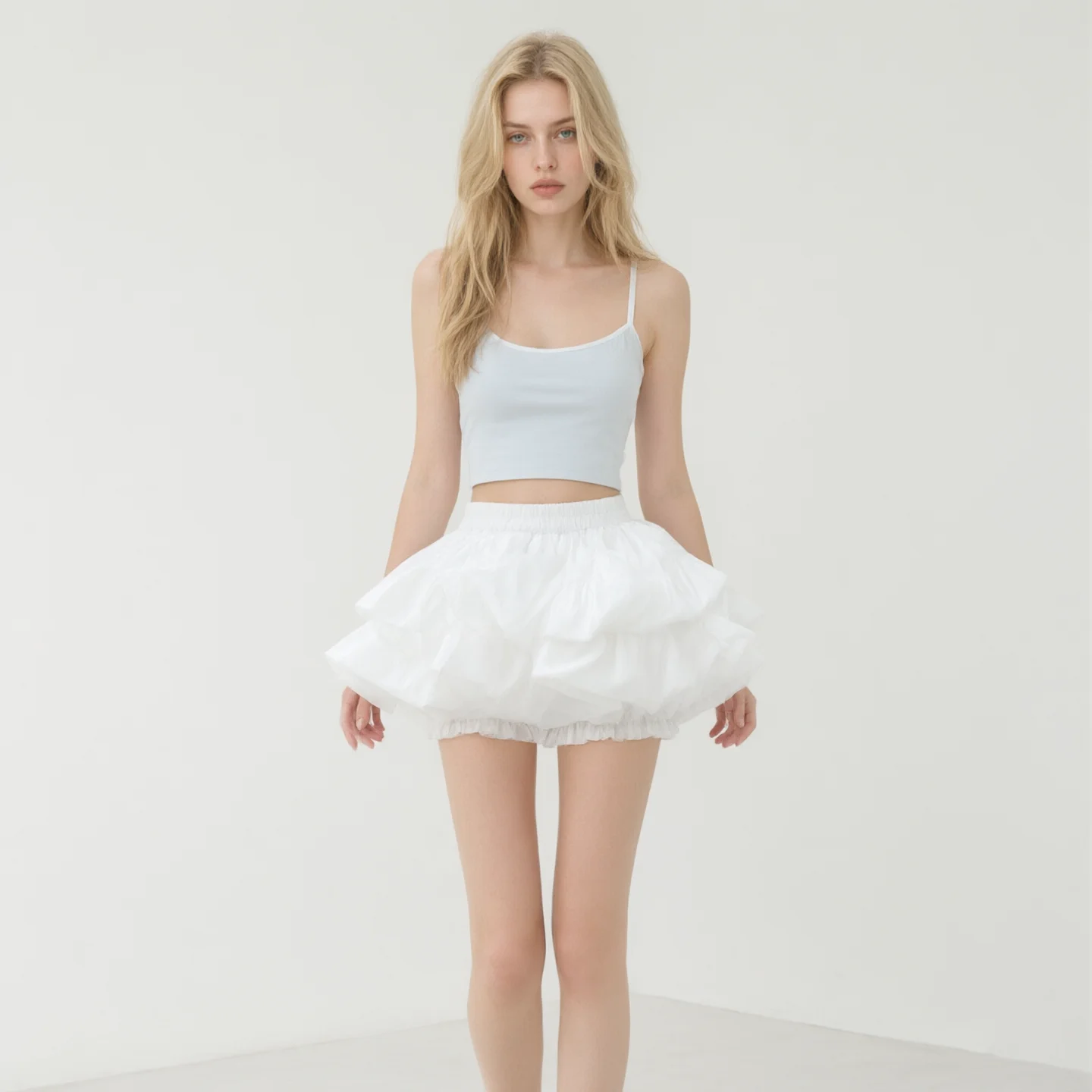 White Women Mini Skirt Tiered Ruffle Puffy Elastic Waist High Waisted Casual Summer Fashion Layered Flare Short Skirt Girls Teen