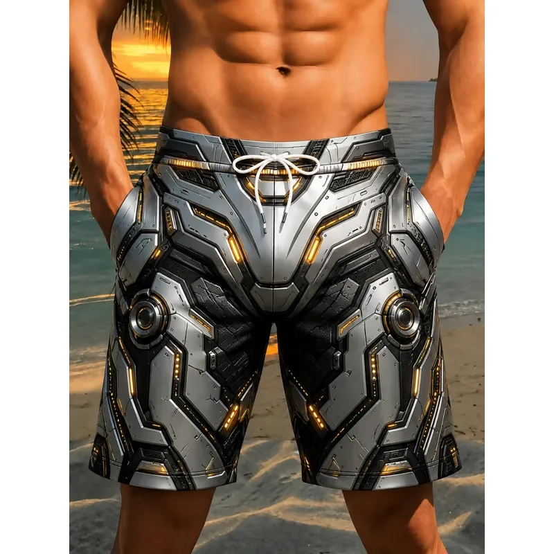Für Herren: Futuristische, mechanische Badeshorts in Silber, Schwarz und Gold, Cyberpunk-Design, grafische Motive, Strandshorts, schnelltrocknend, mit Kordelzug.