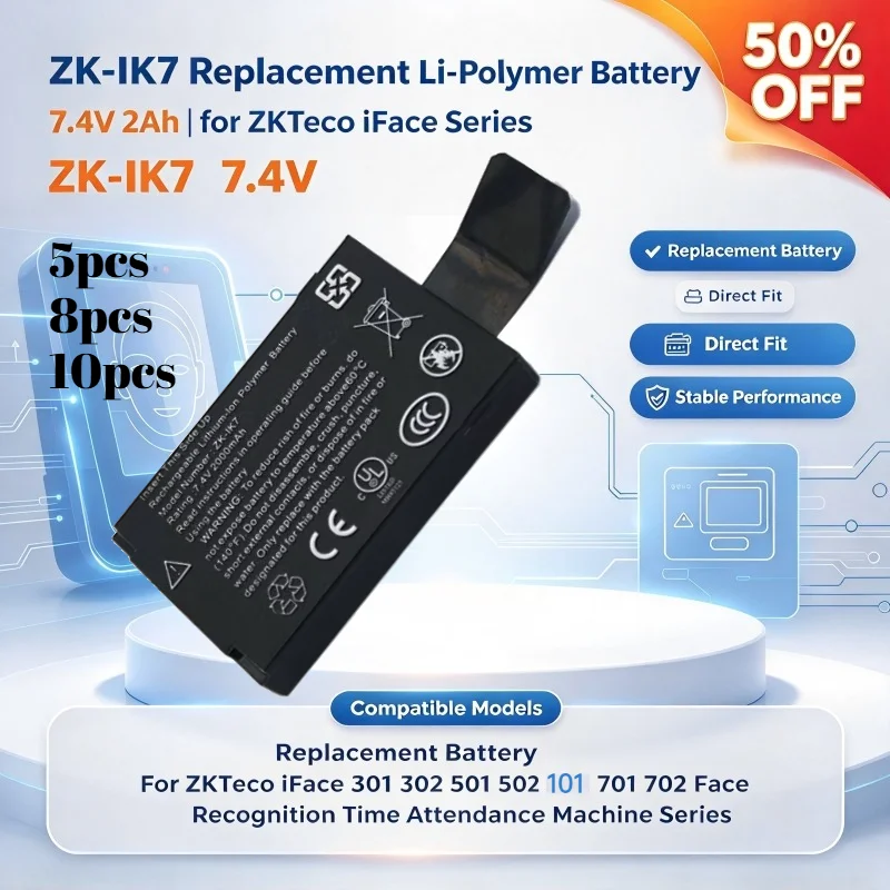 ZK-IK7 7.4V 2Ah 10Pcs Replacement  Battery for ZKTeco iFace 301 302 501 502 701 702 Face Recognition Attendance Machine
