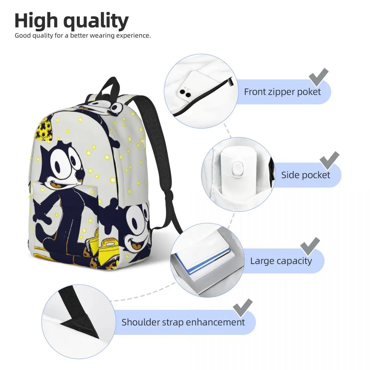 Birthday Gift Happys Sturdy Shoulder College Bag F-Felix The Cat Cartoon Vintage Preschool Schoolbag For Work