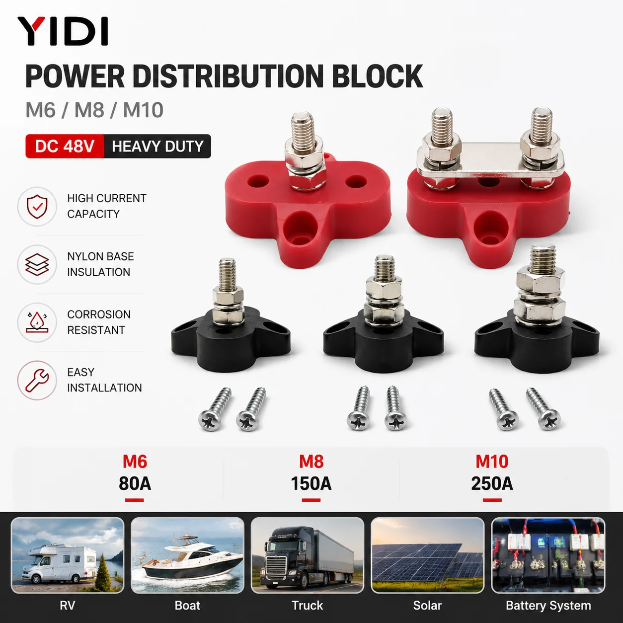 10 Stück M6 M8 M10 Batterie-Sammelschienen-Anschlussblock Stromverteiler DC 48V Hochleistungs-Steckverbinder für Wohnmobile, Boote und Automobile