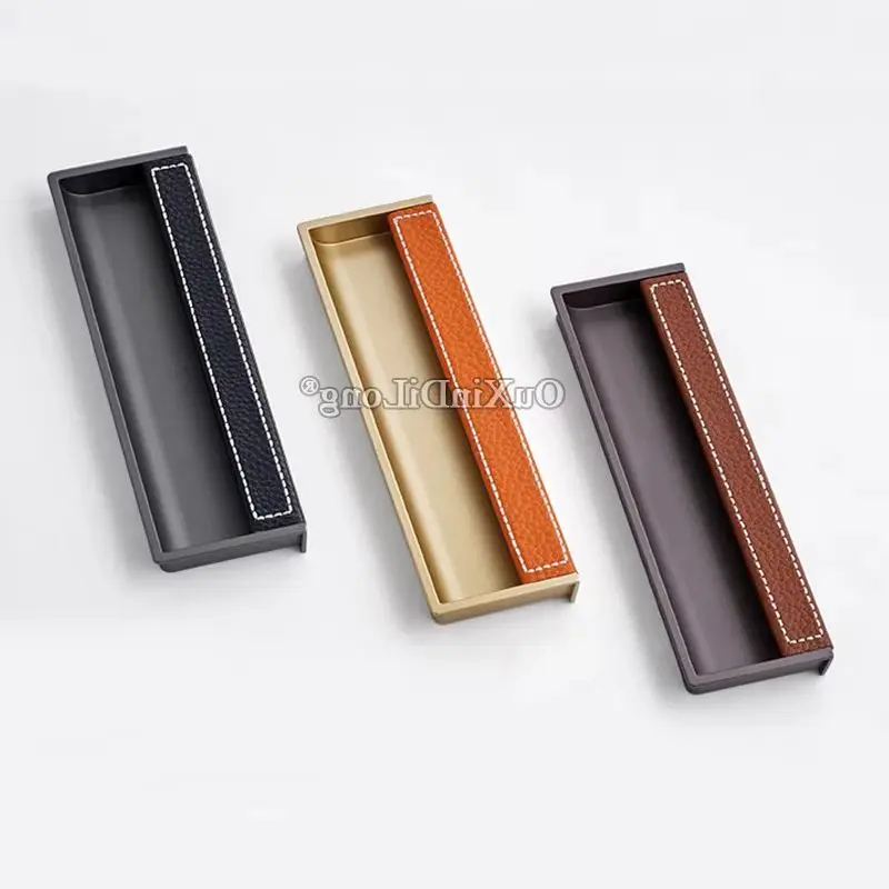 8PCS Zinc Alloy+Leather Recessed Furniture Pulls Handles Invisible Hidden Cupboard Wardrobe Closet Drasser Drawer Cabinet Pulls