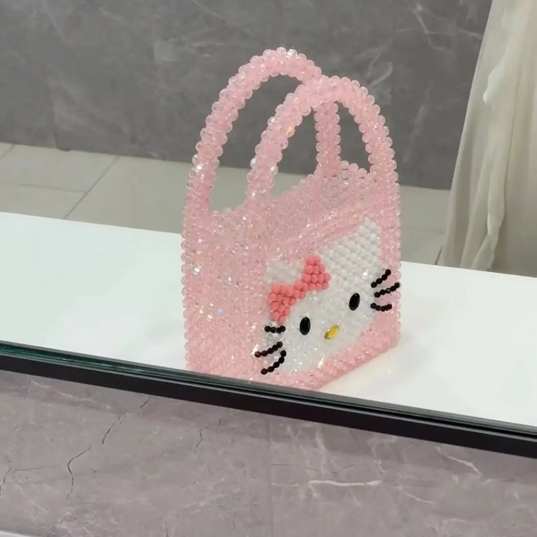 Hello Kitty Fashion Crystal Beaded Evening Handbag Kawaii All-match Children Y2k Travel Beach Bag Pearl Chain Tote Pouch Gifts