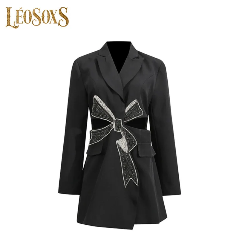 

LEOSOXS Beading Bow Women's Formal Jackets Hollow Expose Waist Blazers Black Slim Suit Coat High Quality Overcoat Autumn 2025