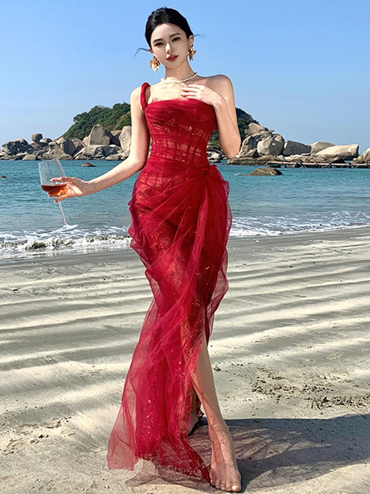 

Fashion Irregular Evening Dress Sexy Spaghetti Strap Off Shoulder Temperament Women Summer Red Lace Slim Waist Party Dress