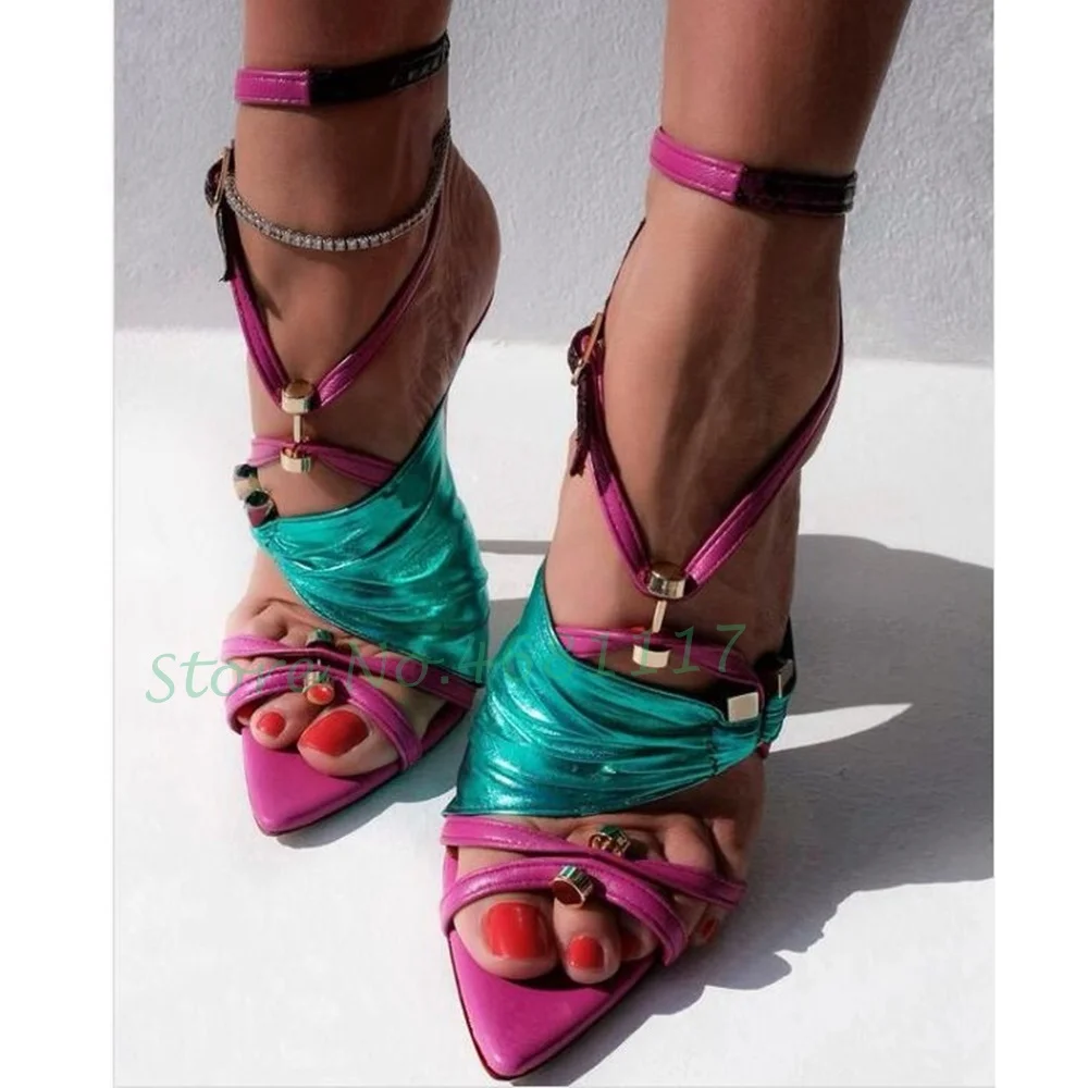 Neon Pink Color Strap Buckle Sandals Women Metal Rivets Heels Patent Leather Thin Heels Party Shiny Sandals 2022 Summer Shoes