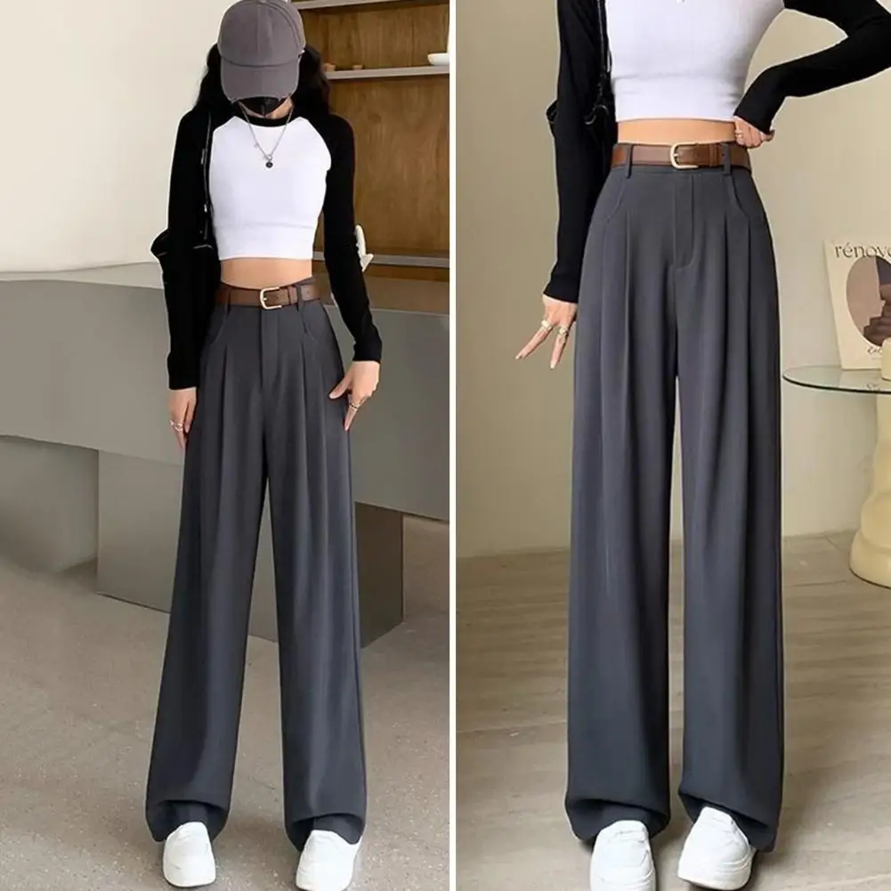 Solid Color Casual Pants Stylish Women's High Waist Wide Leg Pants with Pockets Office Lady Trousers Solid Color Casual for Work