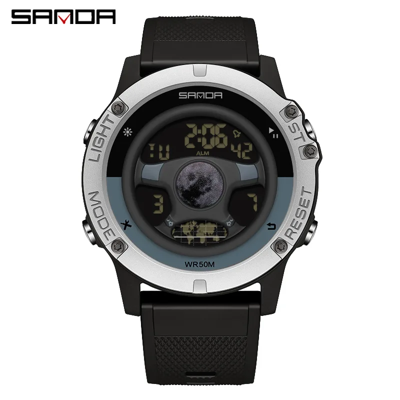 นาฬิกาอิเล็กทรอนิกส์ผู้ชาย SANDA 9024 หน้าปัดลายวงล้อดาว โปร่งแสง เรืองแสง ตั้งปลุก กันน้ำ 50 เมตร นาฬิกาสปอร์ตสำหรับนักเรียน
