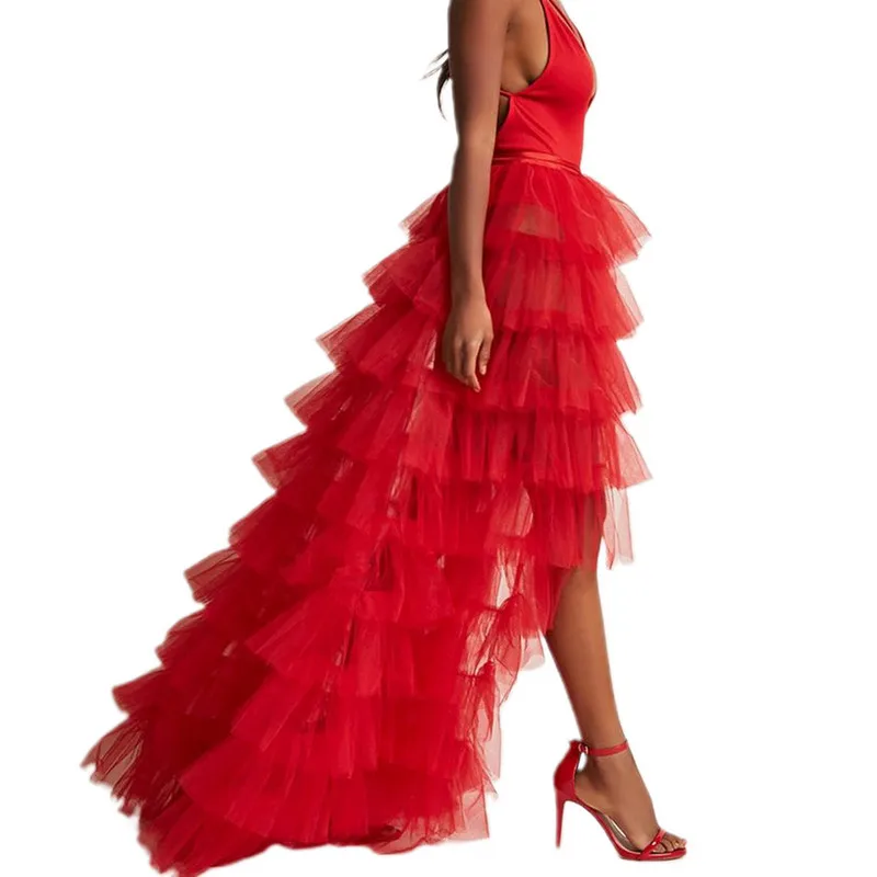 Jupe en Tulle pour femmes, jupe de fête irrégulière nouée en maille de couleur unie, longueur au sol, pour invités de mariage, dîner, fête de Cocktail