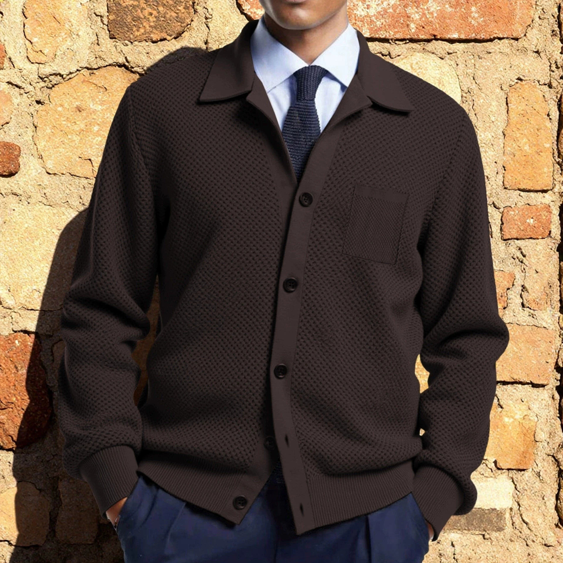 Kardigan Rajutan Pria Gaya Baru Musim Dingin Fashion Mewah Pria Atasan Mantel Sweter Kancing Sebaris Kerah Sejuk