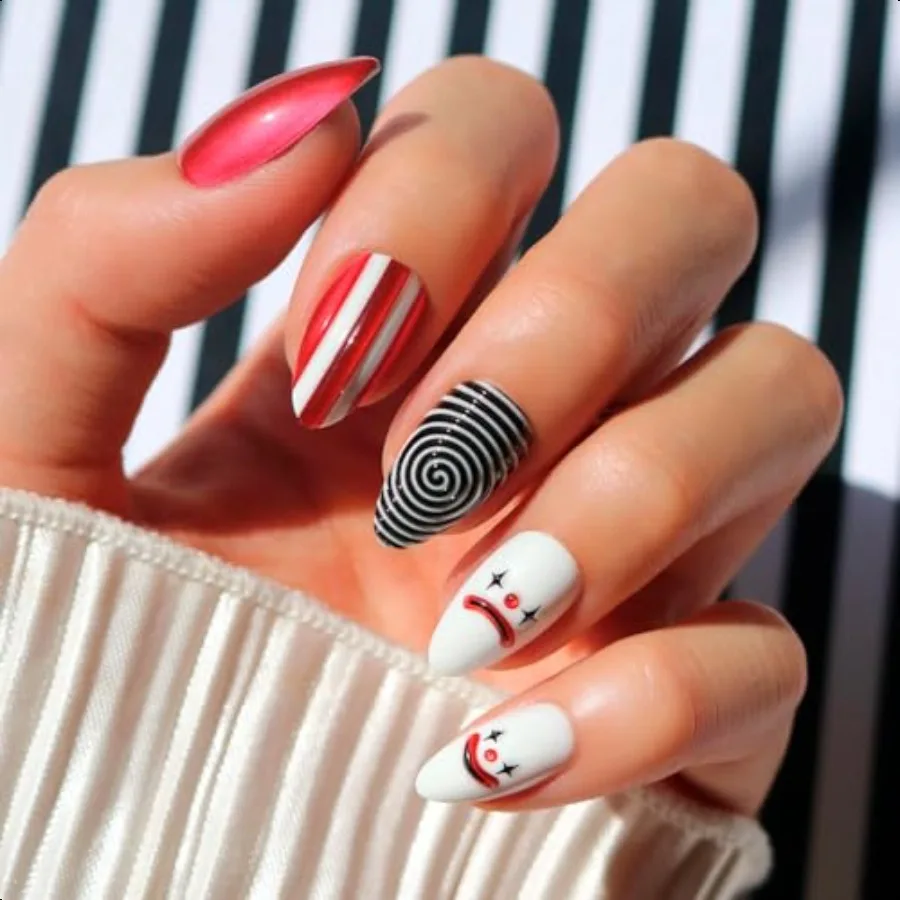 

Pr On Nails Crybaby Clown Short Almond 3D Fake Nails with Clown Swirl Designs in a Chrome Finish Salon Quality Halloween Nails