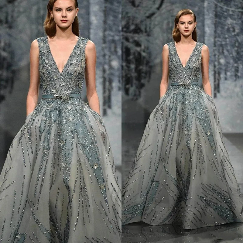 Luxe Kralen Pailletten Crystal Diepe V-Hals Mouwloze Bruiloft Gast Avond Cocktail Prom Dresses Voor Bruid Speciale Gelegenheid 2023