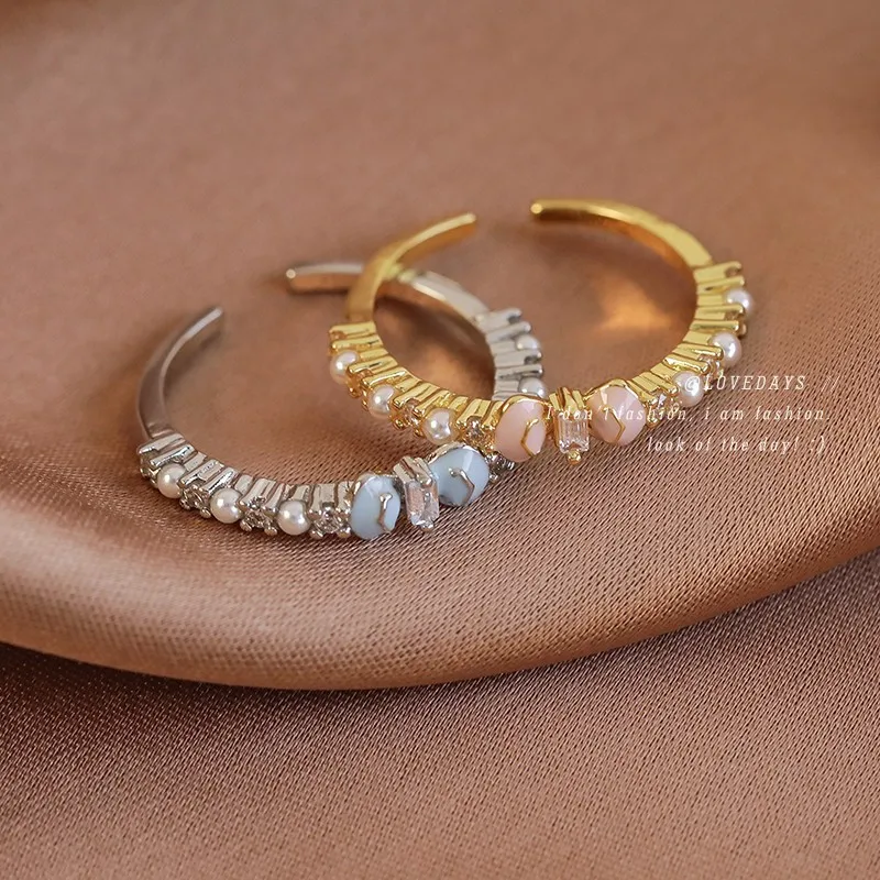 Ring Open Zircon Pearl Enamel Bow Delicate Cute Elegant Lightweight Comfortable Versatile Daily Party Jewelry for Women