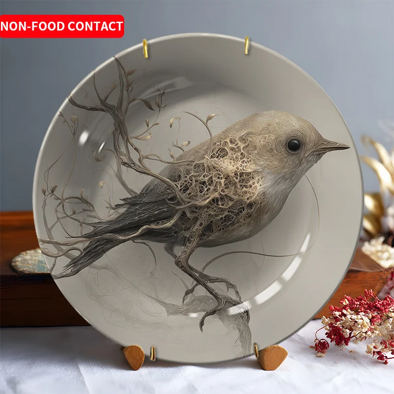 1pc Hand-Painted Ceramic Decorative Plate - Elegant & Brown Bird with Branches, Non-Food Contact Tableware for Christmas,