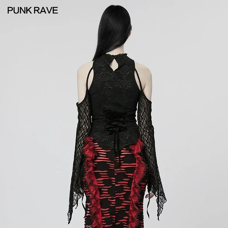 PUNK RAVE Damen Gothic Medium High Neck Feather Decal Unterwolle Punk Style Slim Einfache Persönlichkeit Schwarz Tops Frühling/Sommer