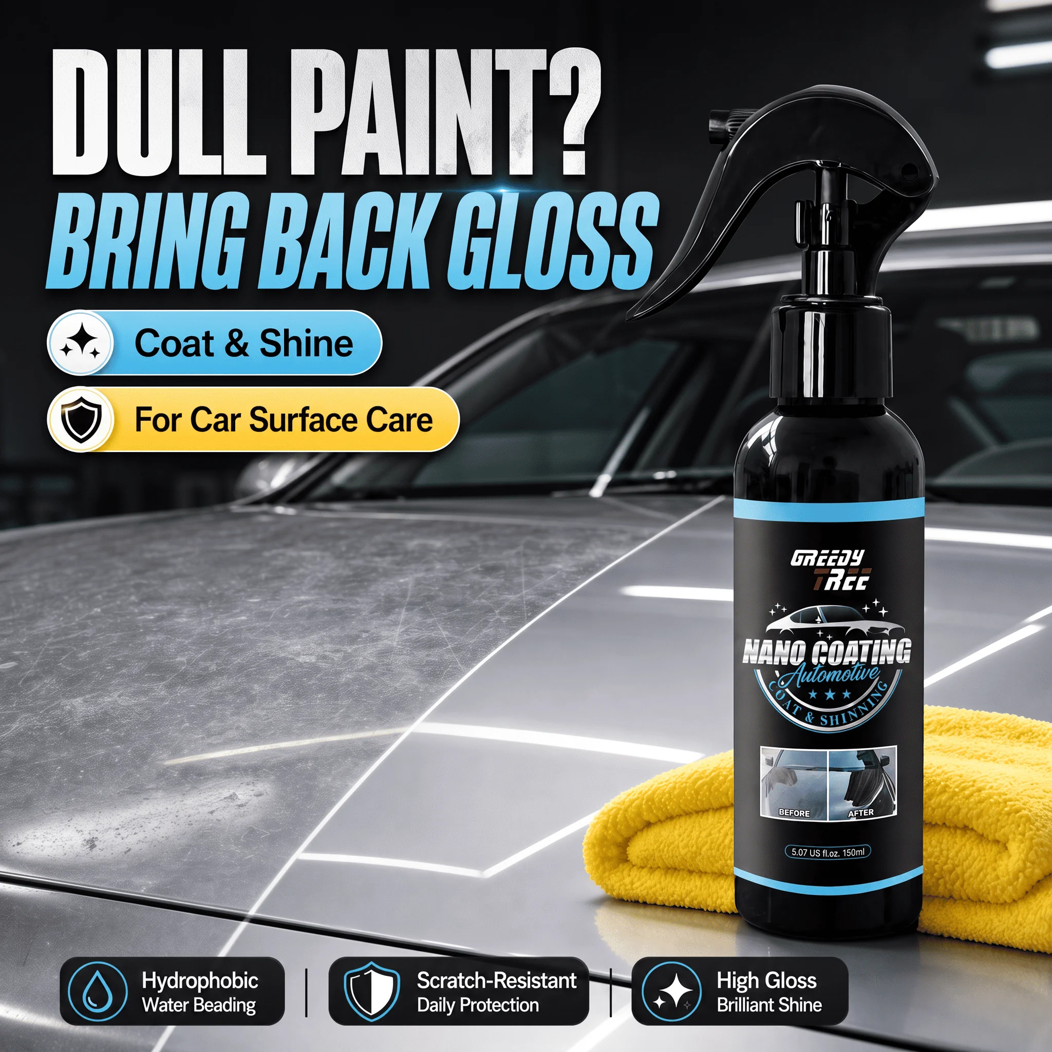GREEDY TREE Nano Coating Automotive Spray 150ml with Cloth Car Paint Polish Hydrophobic Protection Gloss Finish