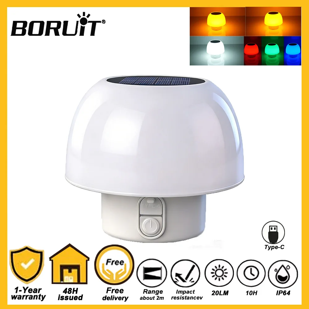 BORUiT Solar Table Lamp LED Portable Camping Waterproof Indoor Mushroom Lamp 6 Modes Patio Garden Bedroom Yard Restaurant Bar