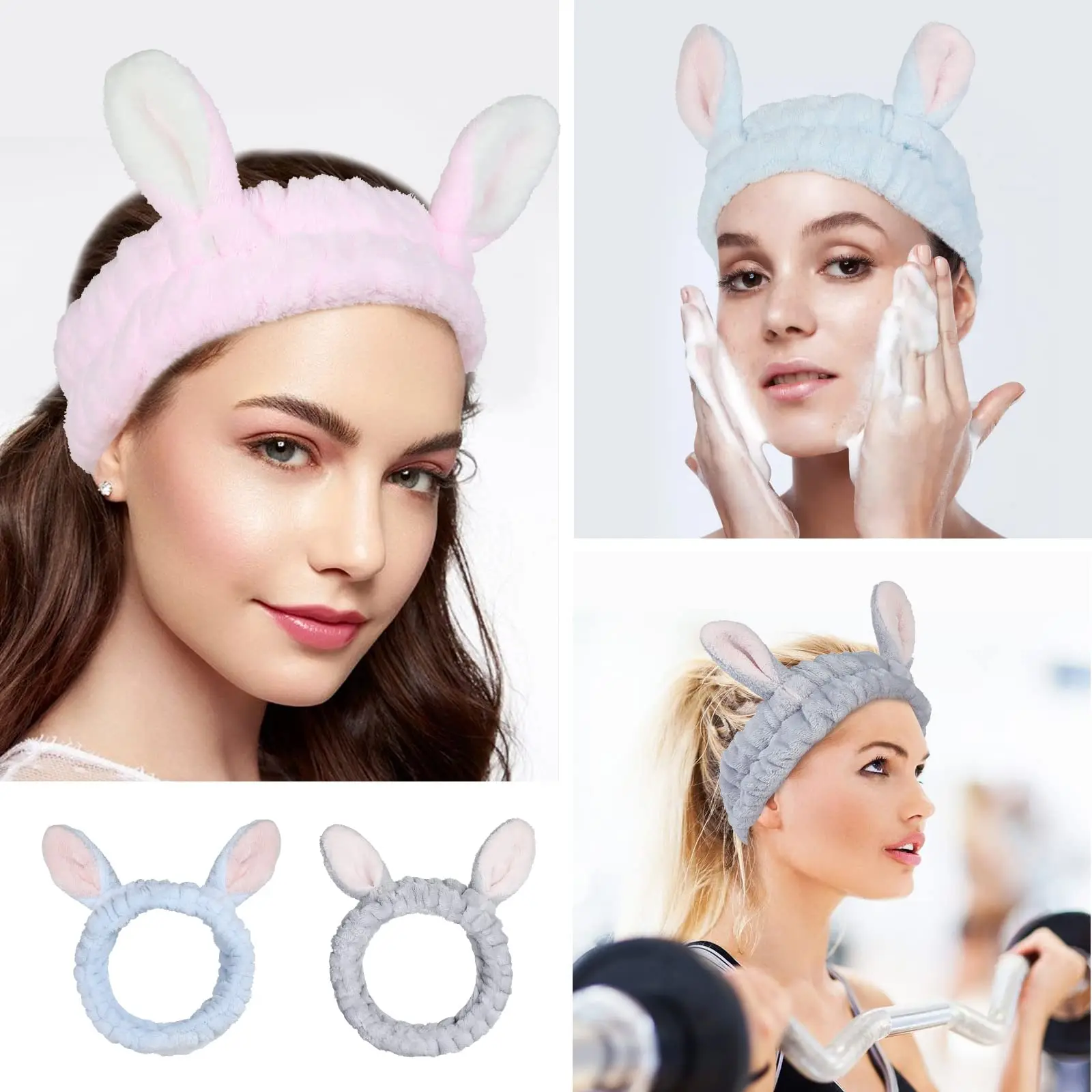 4-Pack Women's Elastic Makeup Headband, Girls' Soft Flannel Bunny Ear Headband, Hijab, SPA Face Wash Headband