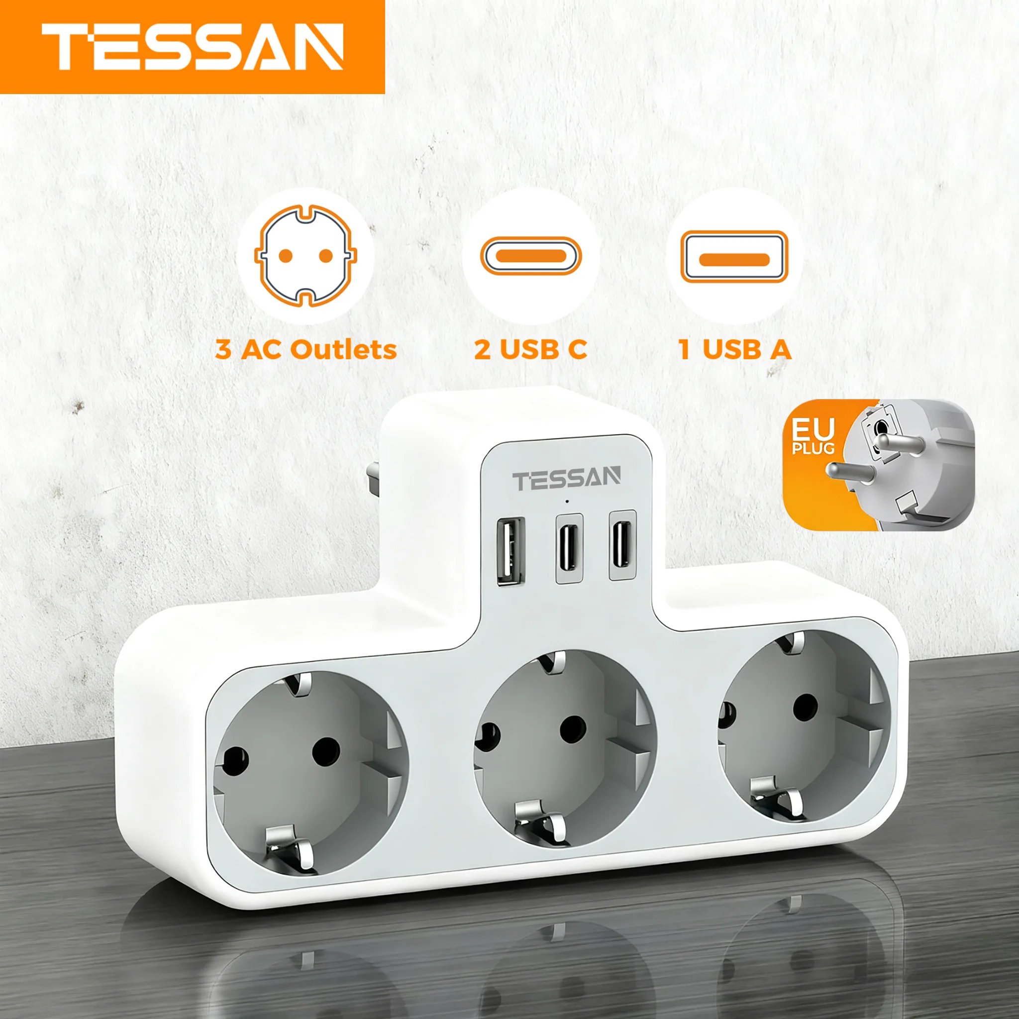 TESSAN Mehrfach-USB-Steckdose 6-in-1 EU-Stecker Wandsteckdose mit 3 AC-Ausgängen Adapter Wandsteckdosenleiste für Zuhause und Büro