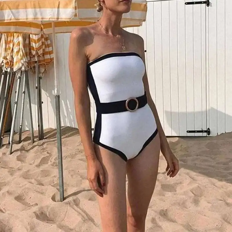 สีดําสีขาวสีจับคู่ Slim One Piece ชุดว่ายน้ําฤดูร้อนชายหาดบิกินี่แขนกุดผู้หญิง Casual Hot Spring ชุดว่ายน้ํา
