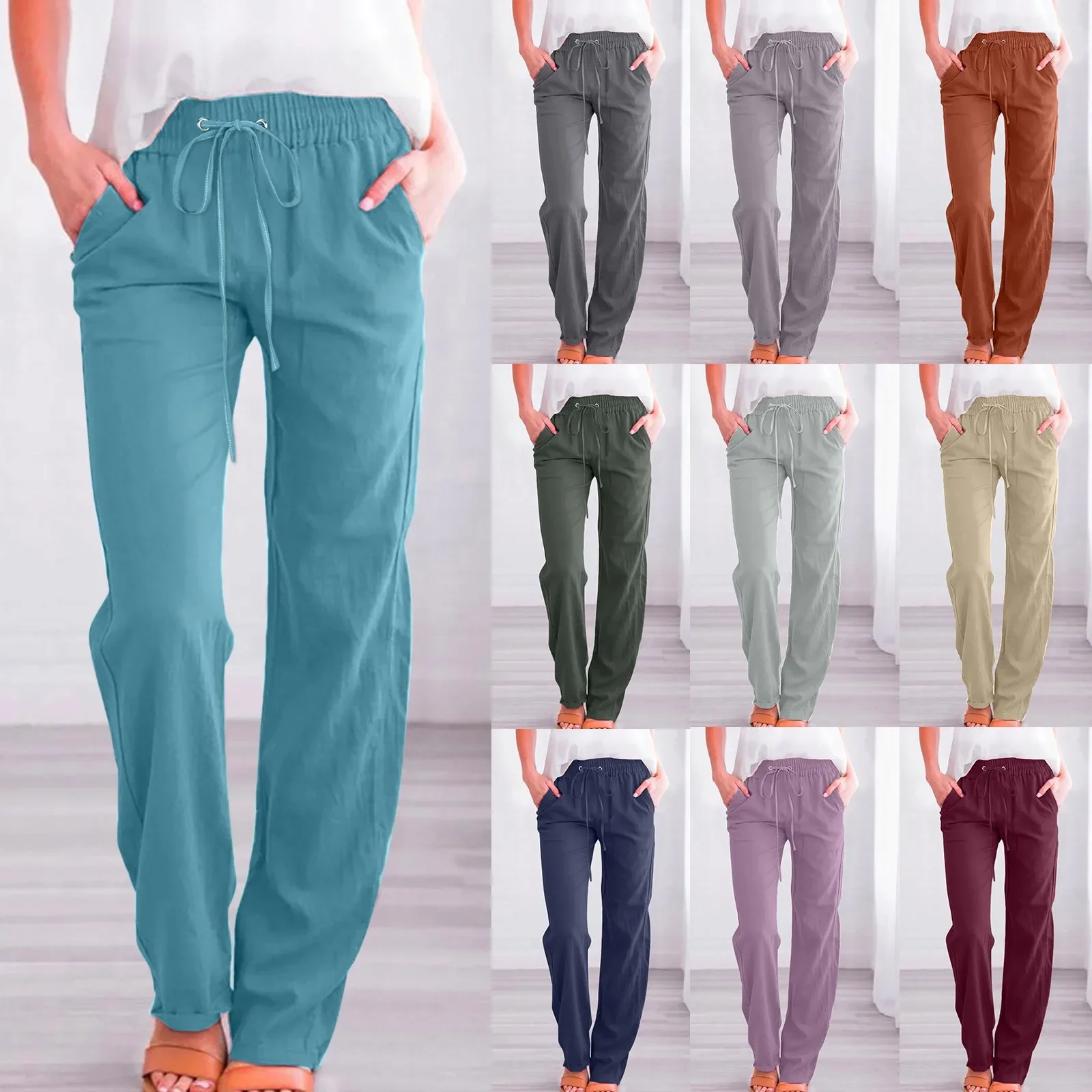 

S-3XL 10 Colors Elastic High Waist Ankle-length Loose Straight Pants Solid Regular Women Daily School Shopping Travel Wear