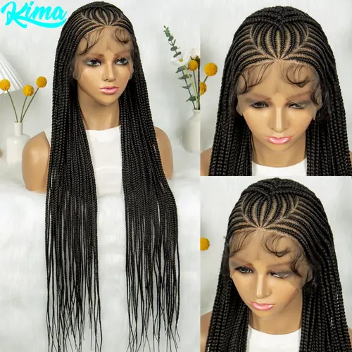 Peluca con trenzas en caja, pelucas trenzadas Cornrow de 36 pulgadas, peluca trenzada de encaje sintético completo para mujeres negras, peluca de cabello trenzado frontal de encaje mezclado