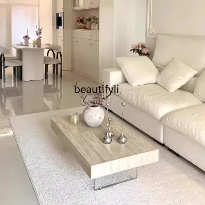 TTT Nordic wabi-sandy travertine rock slab coffee table suspended creative table modern simplicity, rectangular tea table minima