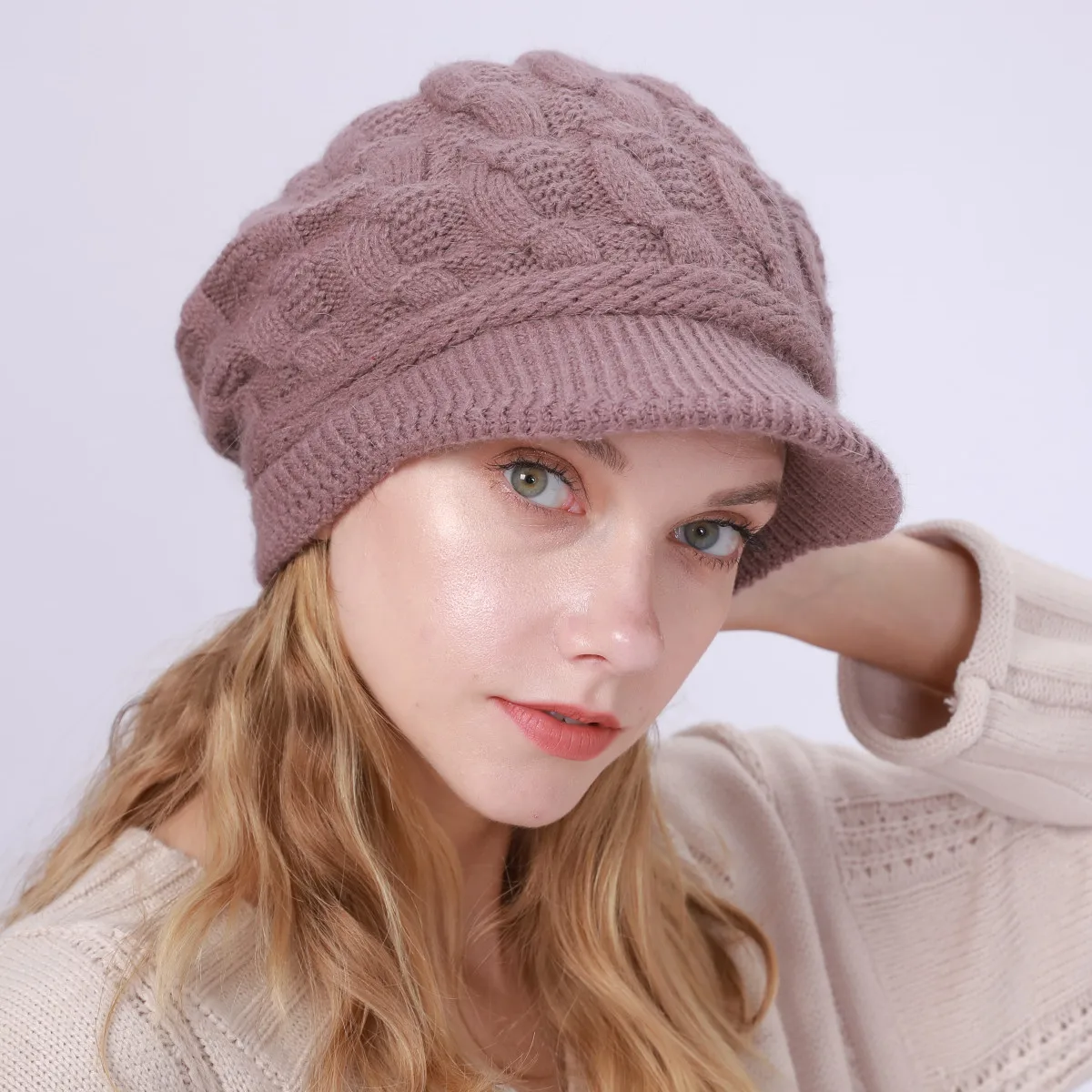 1 Pc Twist Knit Brim Beanie Fleece Lined Warm Beret Hat Solid Winter Knitted Cap For Women Autumn Cold Weather Daily Outfit