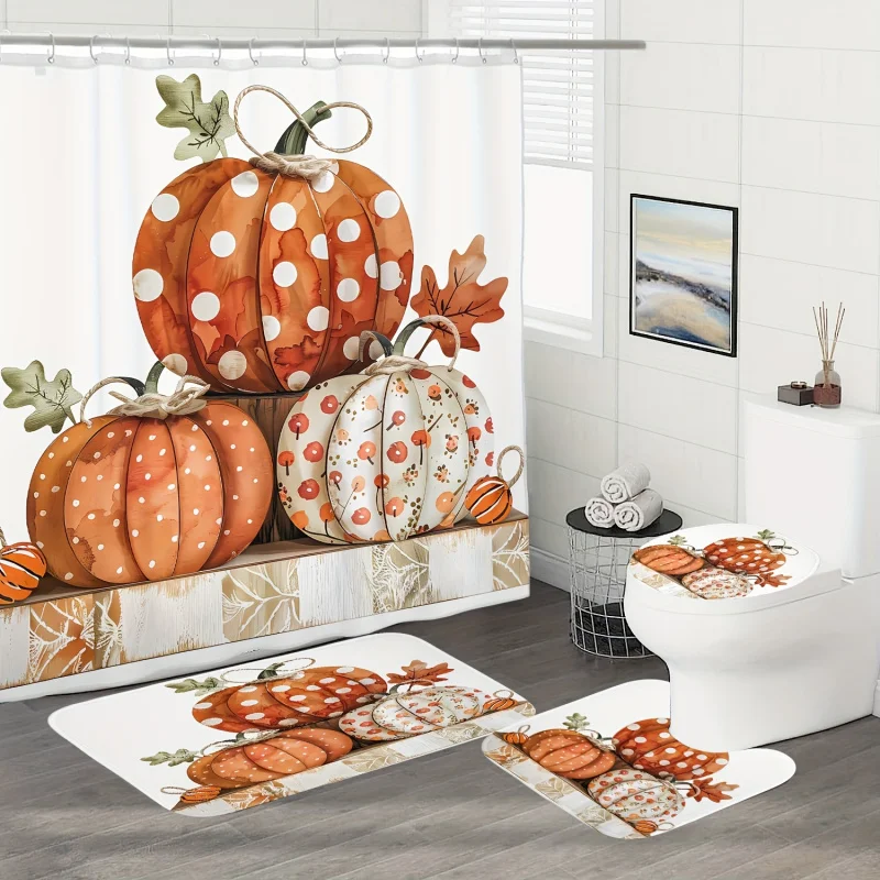 防水シャワーカーテンと便座,デジタル印刷,カボチャ,ヒマワリ,葉と葉のパターン,1個,3個,4個
