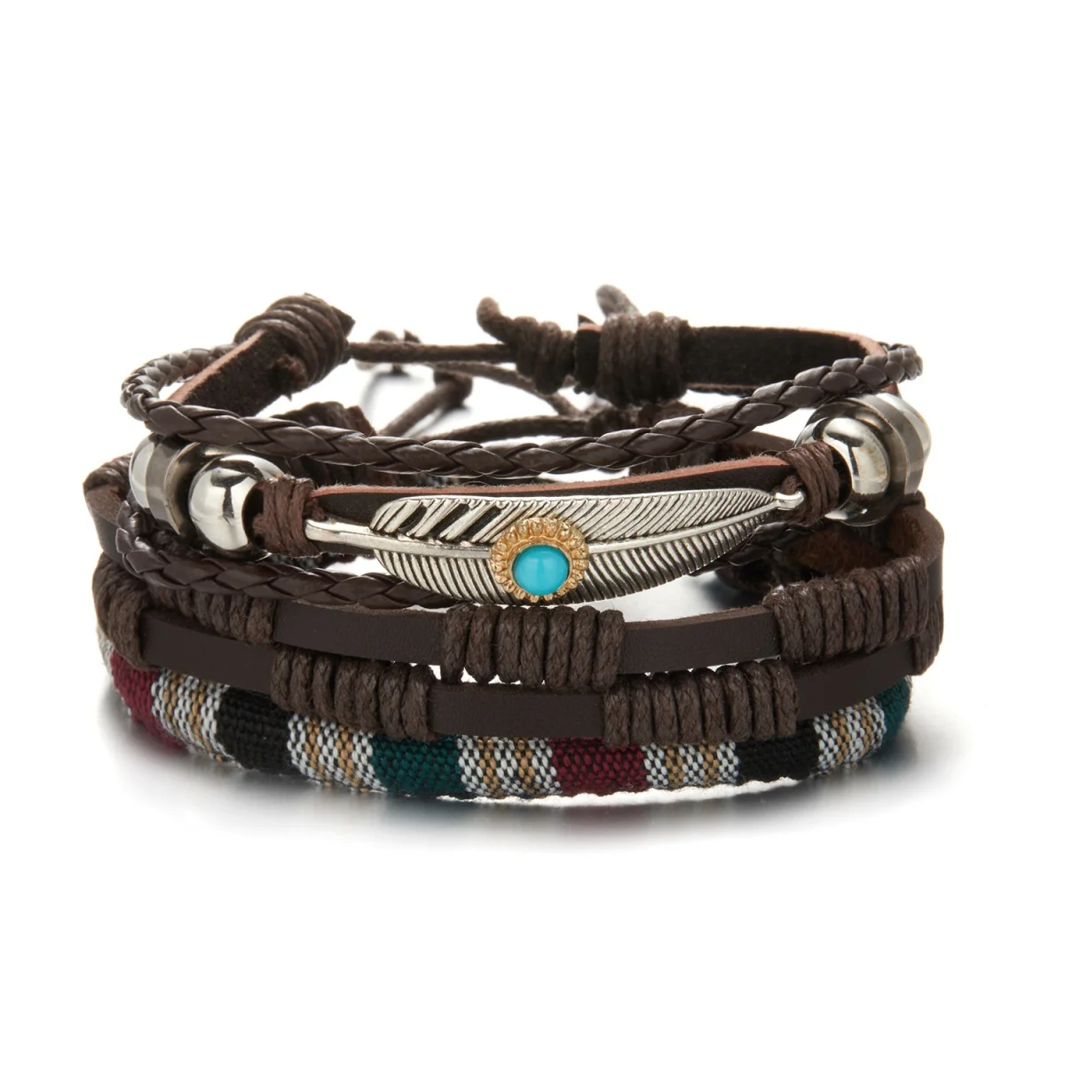 3 Teile/satz Vintage Feder Naturstein Leder Armband Für Männer Frauen Punk Einfache Handarbeit Gewebt Braun PU Leder Armreif Schmuck