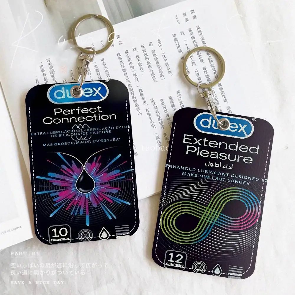 Sexy Condom Brand D-Durex Rectangle ID Card Case Keychain Access Card Bag Key Tag Ring Leather Card Holder Key Ring Access