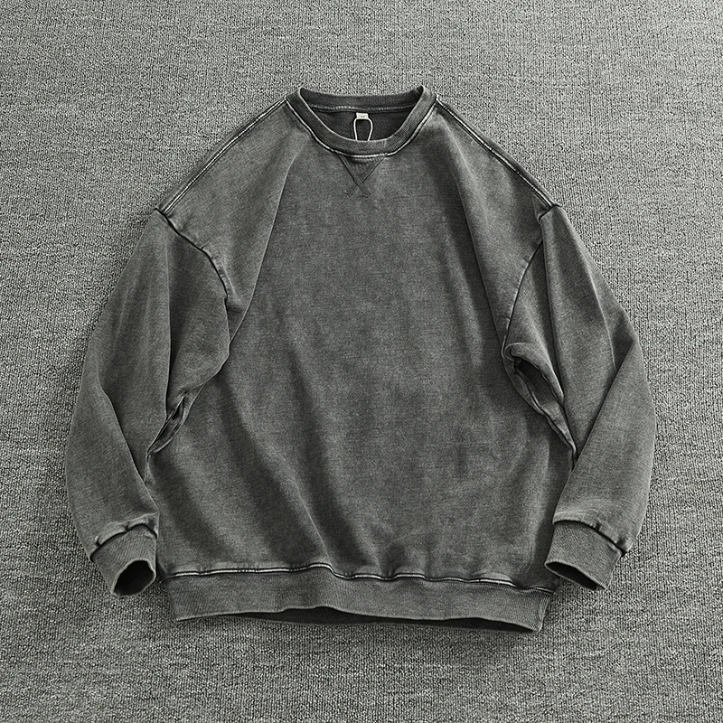 2025 Spring New American Retro Long Sleeve O-neck Heavyweight Knitted Sweatshirts Men\'s 100% Cotton Washed Old Casual Sportwear