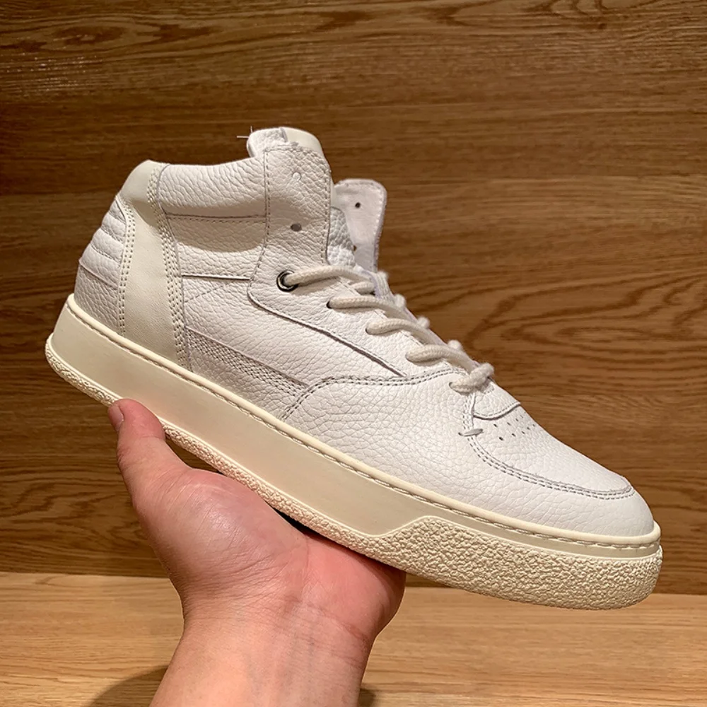 Men's High-Top Shoes White Sneakers Thick Sole Genuine Leather Korean Style Trendy Versatile Footwear