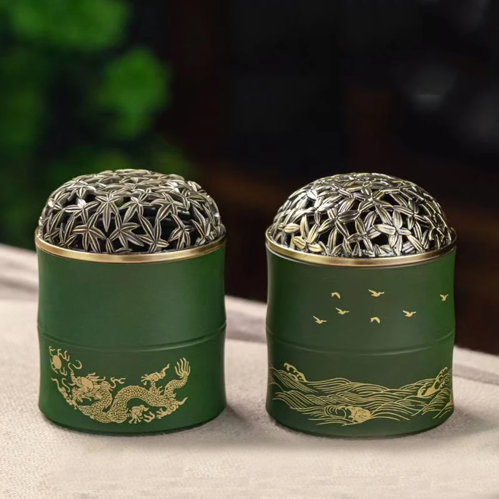 Pure copper incense burner, Antique bamboo joint censer for coil incense, Chinese Brass incense burner, Aromatherapy ornaments