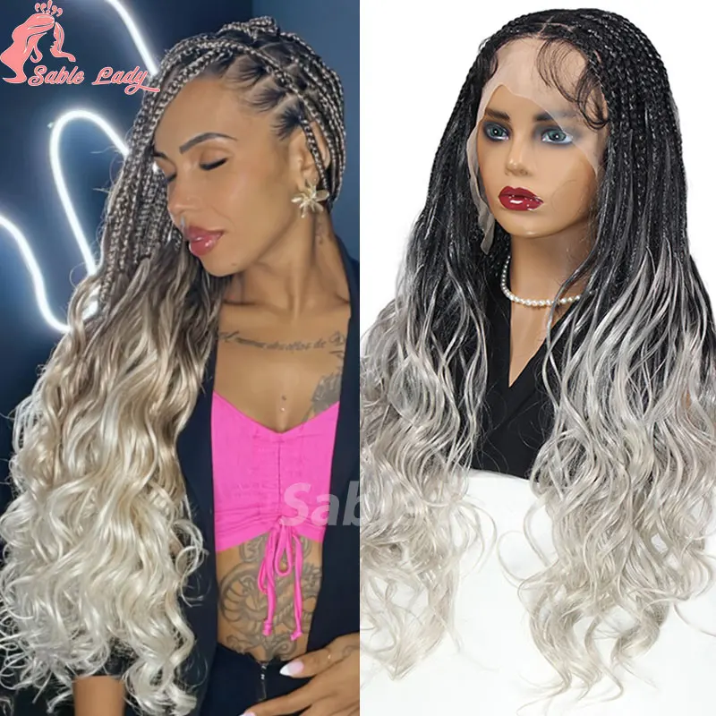 

Full Lace Braided Wigs Synthetic Ombre Grey French Curls Cornrow Braided Wigs 26" Jumbo Braided Wigs Faux Locs Wigs Braiding Wig