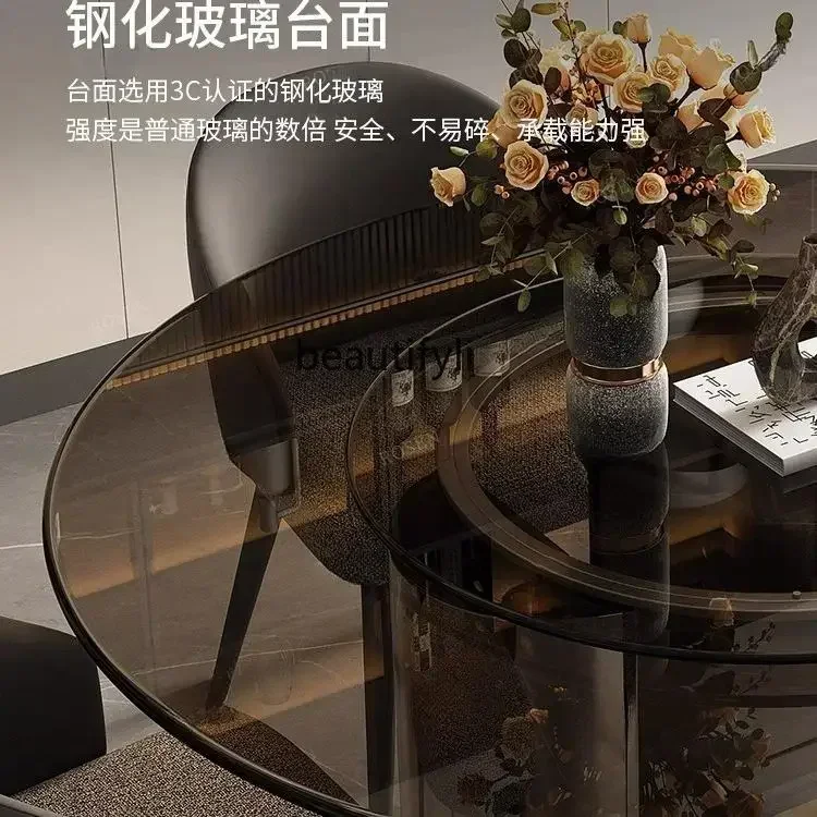 yItalian minimalist dining table and chair combination Household round tempered glass dining table combination