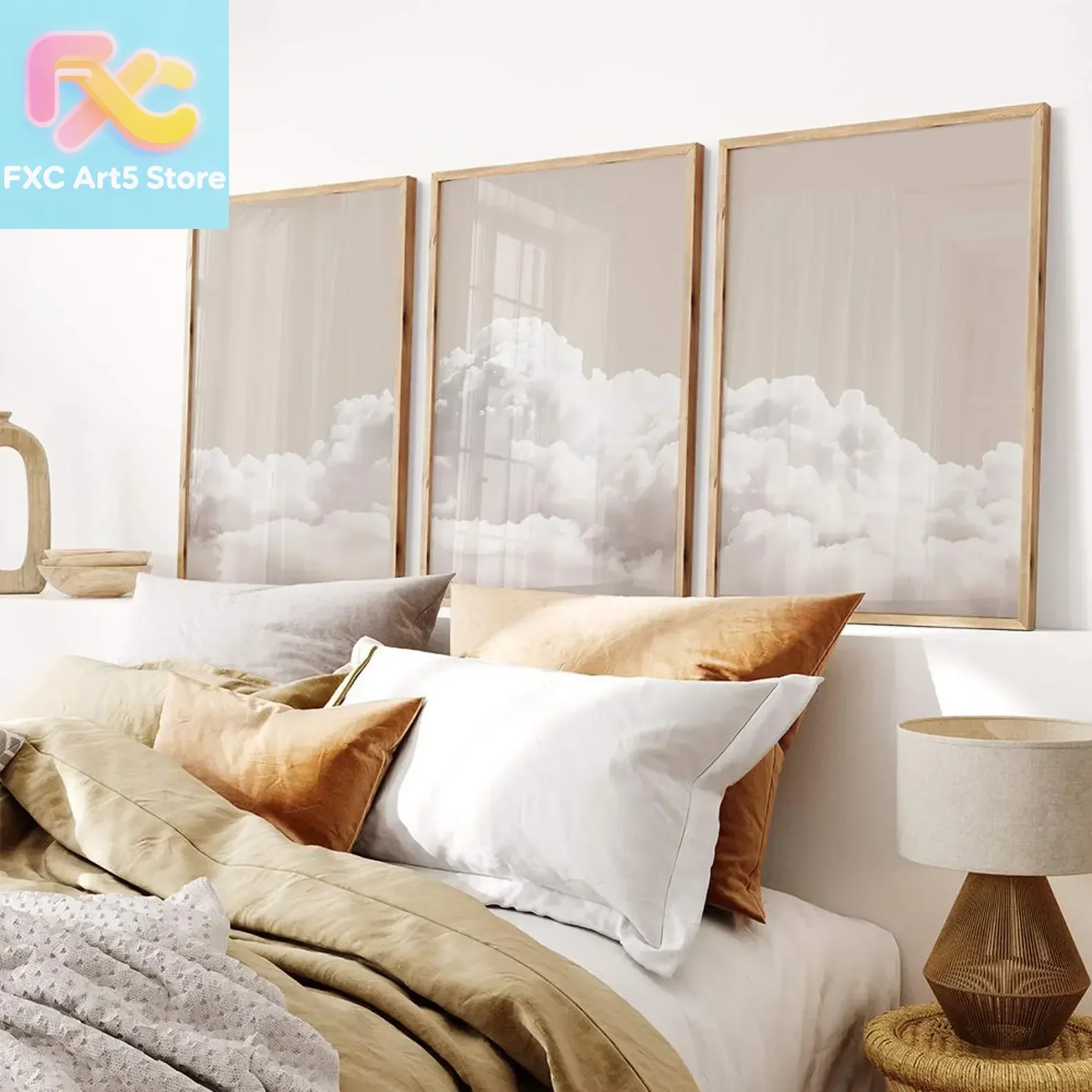 Image of Rahmenloses 3-teiliges Wandkunst-Set mit beigefarbenen Wolken, weißes Wolkenposter, minimalistische Himmelbilder, moderne Wanddekoration für Zuhause, Leinwandgemälde für