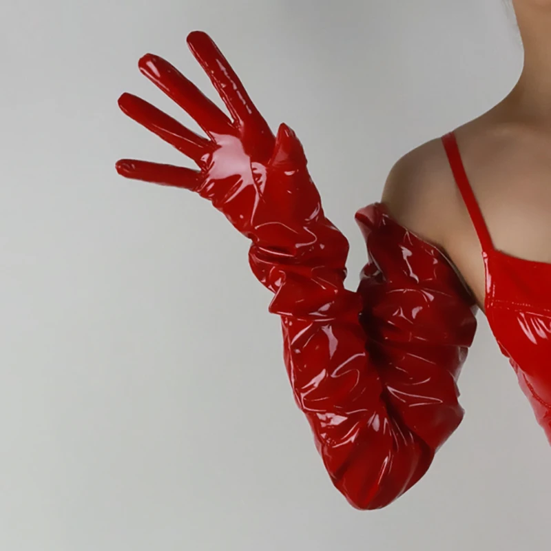 LATEX GLOVES Female 90cm 35\'\' Shine Red Extra Long Big Sleeve Loose Faux Leather Women PU Leather Gloves Nightclub Party HPU89