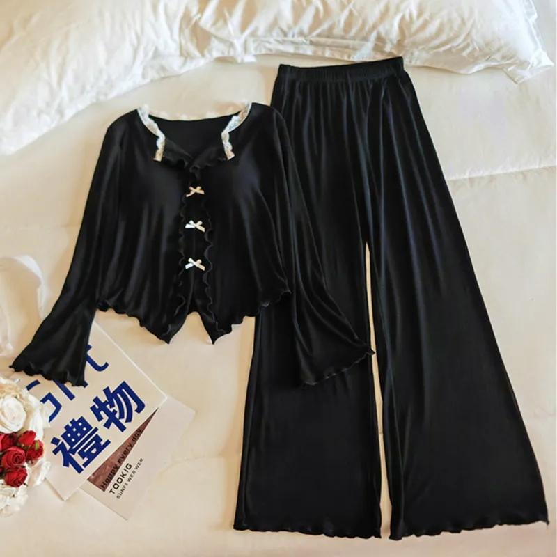 

Feminina New Modal Chest Pad Set 2 Piece Woman Long Sleeve Pajama Sets Casual Korean Sleepwear Pyjamas Home Wear JJ963