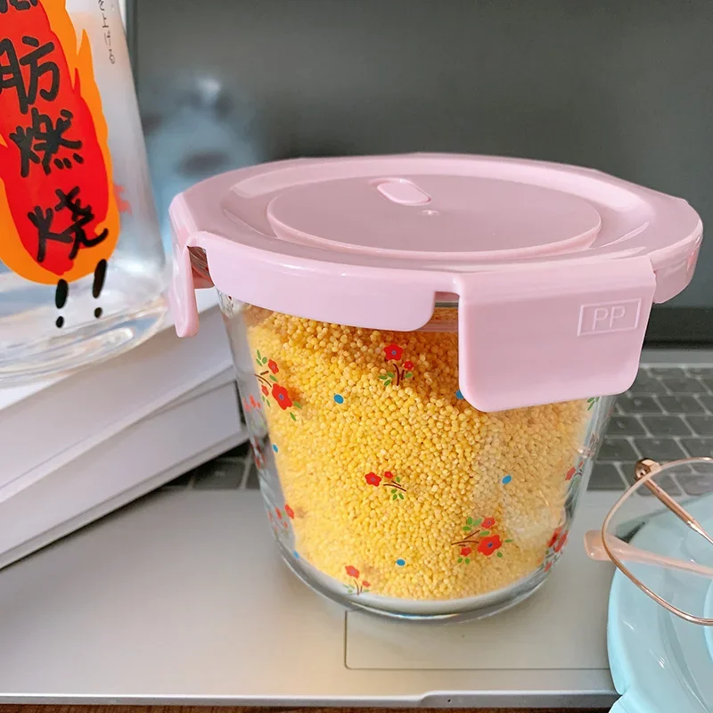 Floral Print Preservation Bowls with Korean Style Round Borosilicate Glass Heat-Resistance Tableware Portable Cute Bento Box