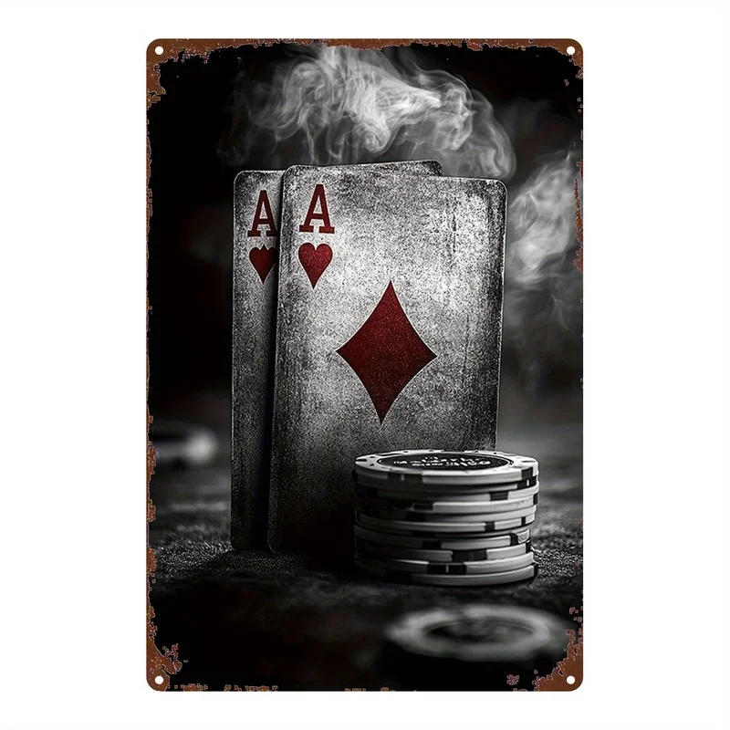 Vintage Poker Table Decor Piece-Themed Metal Sign Featuring Ace of Spades, Poker Chips, And Playing Cards-Made from Durable Iron