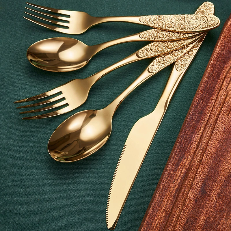 1/3Pieces Gold Cutlery Set Stainless Steel Vintage Western Dinnerware Luxury Tableware Engraving Forks Knive Spoons Sliverware