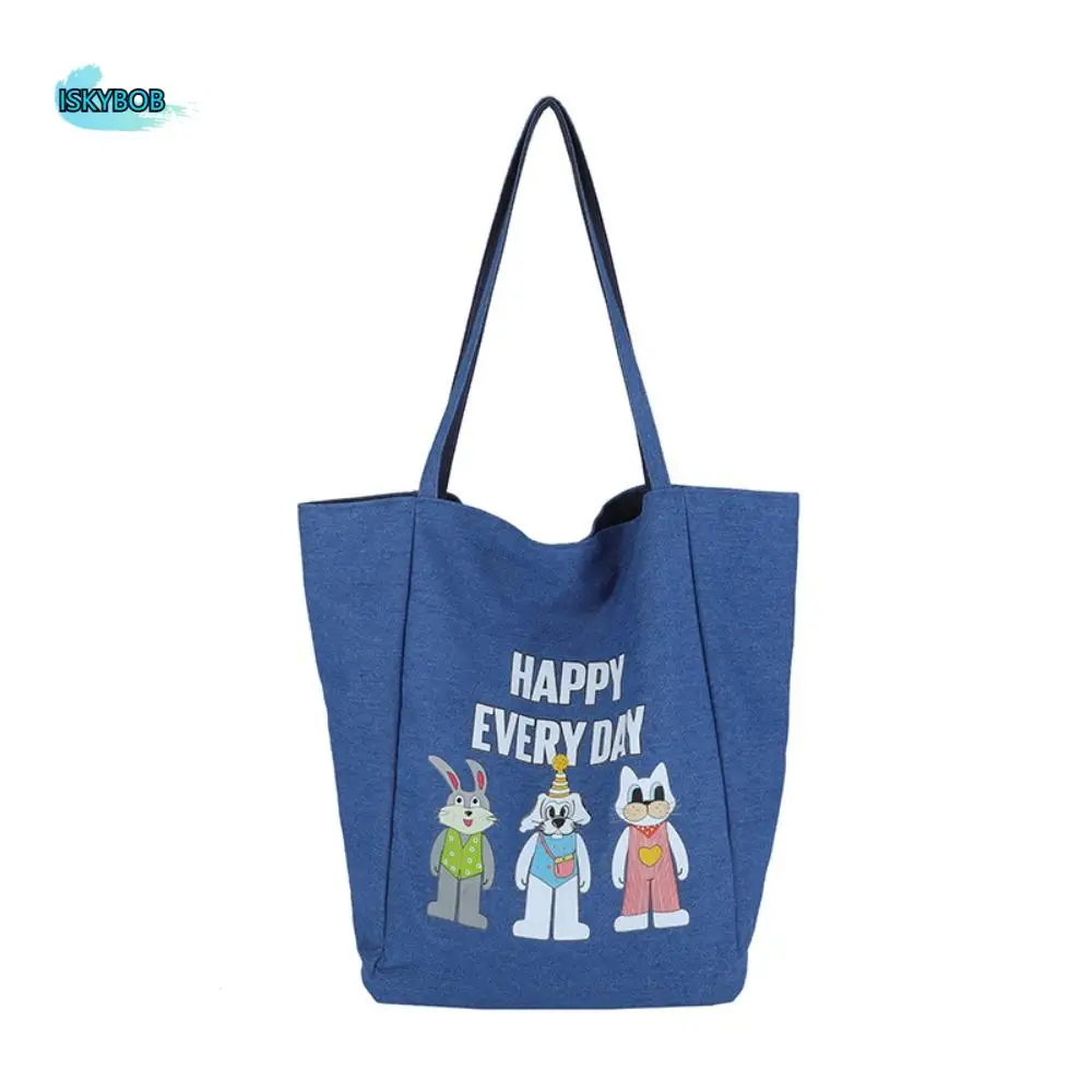 

Cartoon Animal Double-sided Tote Bag Large Capacity Shoulder Pouch Denim Blue Handbag Soft Versatile Women Canvas Bag Spring