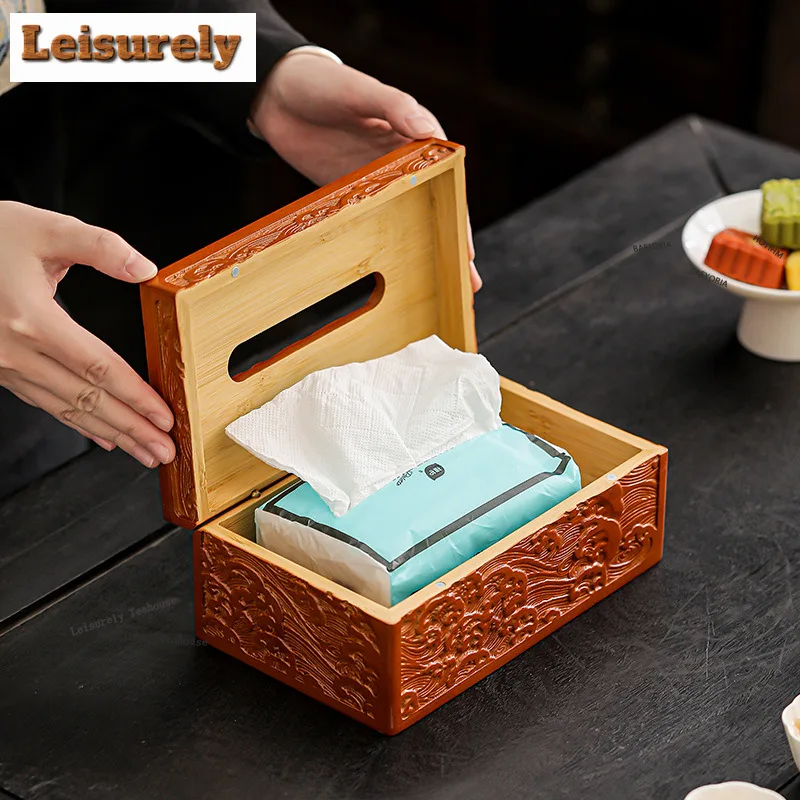 HOYIHM Bamboo Embossed Wave Auspicious Clouds Tissue Box Wet Wipes Case Removable Paper Drawer Car Napkin Storage Ornaments Gift