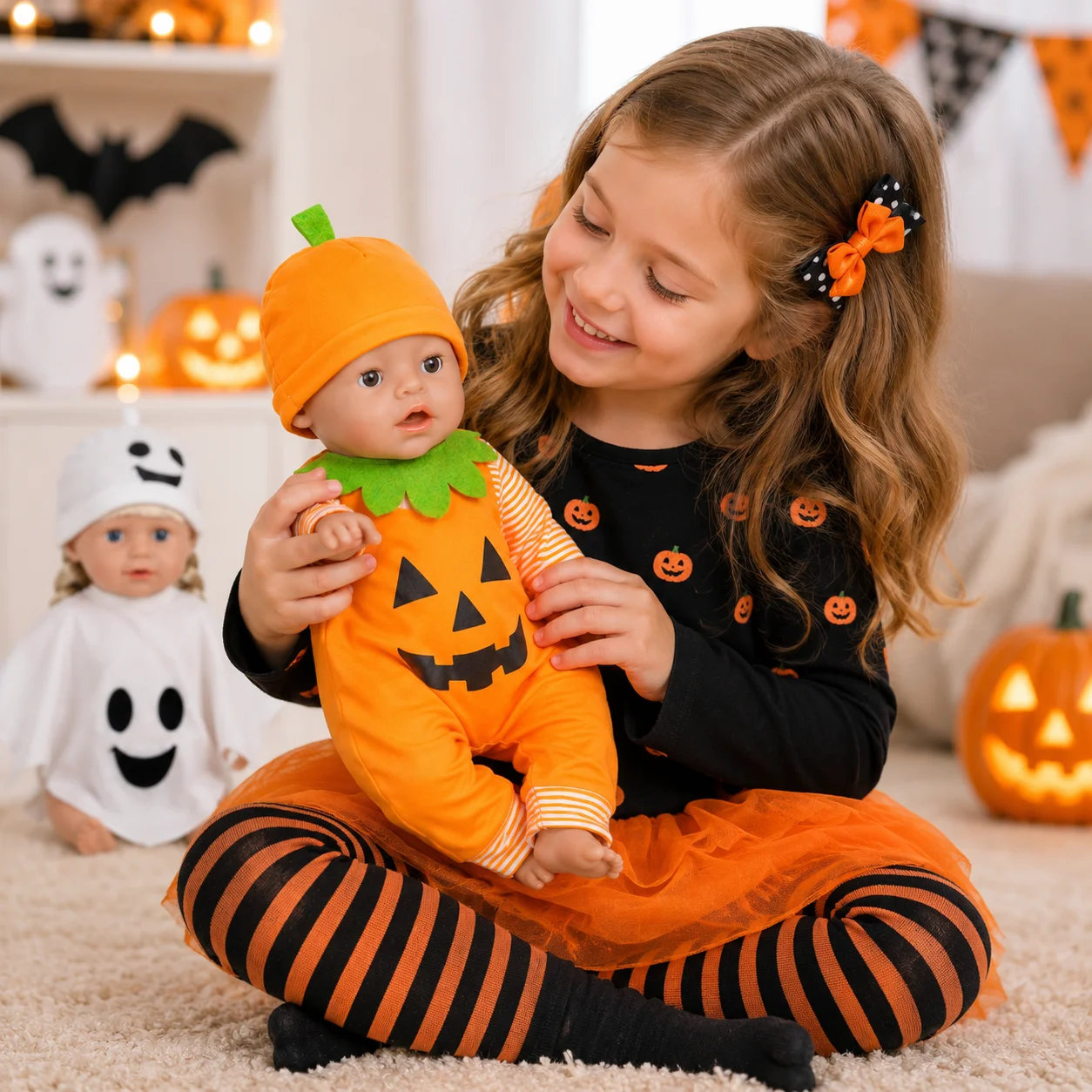 Halloween Puppenkleidung für Reborn Puppe 40-45cm 16-18 Zoll, Kürbis Geist Skelett Kostüm, Outfit für American Girl Puppe Puppenzubehör Set Geschenk – Detail 4