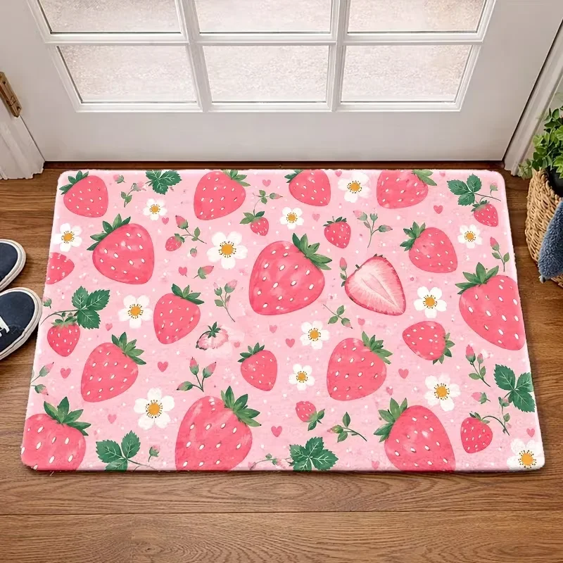 Cute Red Strawberry Green Leaf Door Mat Non Slip Entrance Doormat Summer Fruit White Flower Pattern Floor Rug for Front Door